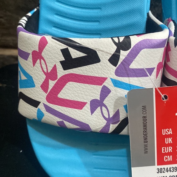Under Armour Ansa Graphic Youth Girl Slide Sandals Size 1 Blue, White NWT IN PKG - Picture 2 of 4